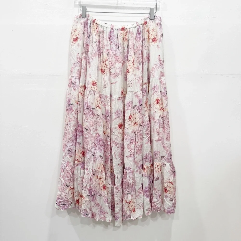 Olivaceous Daphne Ivory Floral Print Ruffle Midi Skirt Large